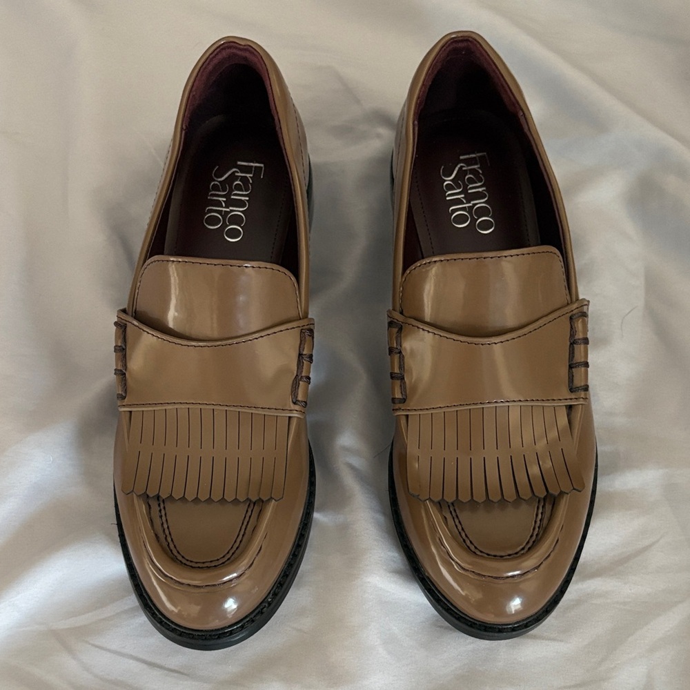 Franco Sarto Brown Tan Patent Leather Kiltie Loafers